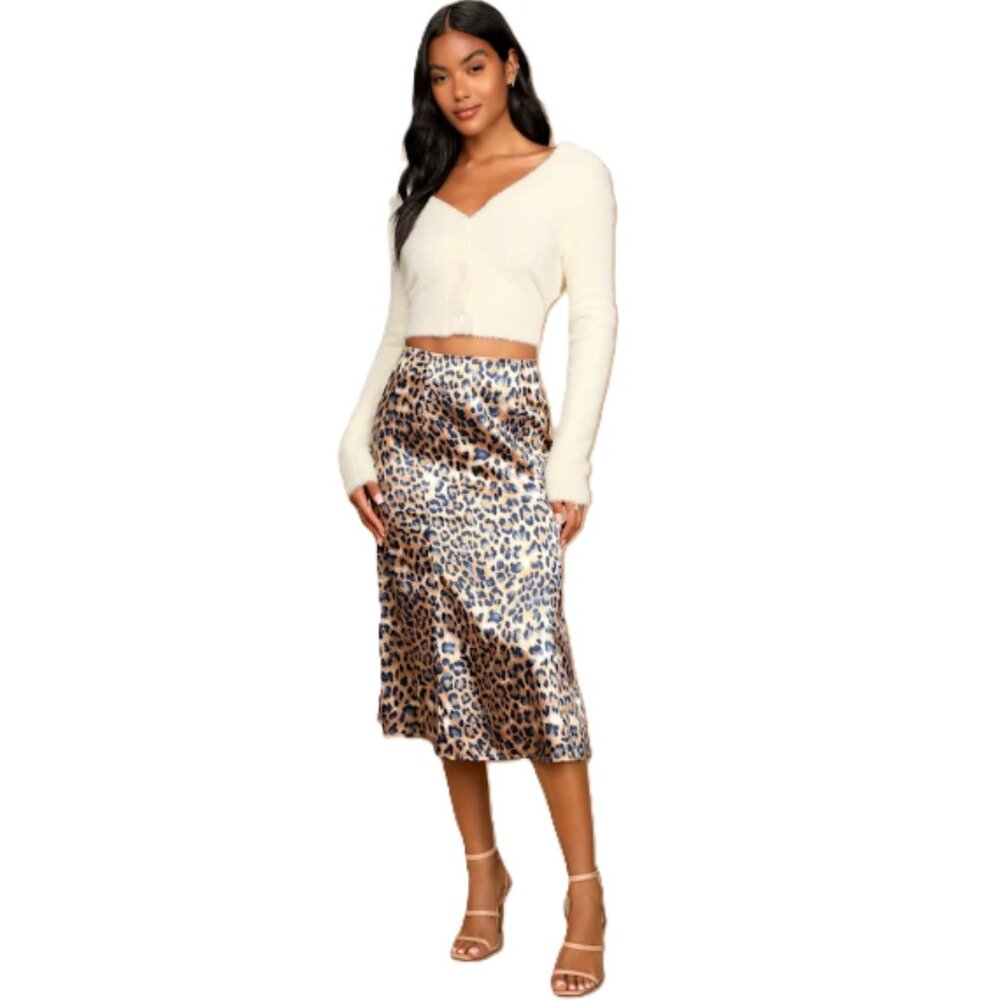 Lulus Global Icon Leopard Print Satin Midi Skirt Tan & Navy Blue Size Small